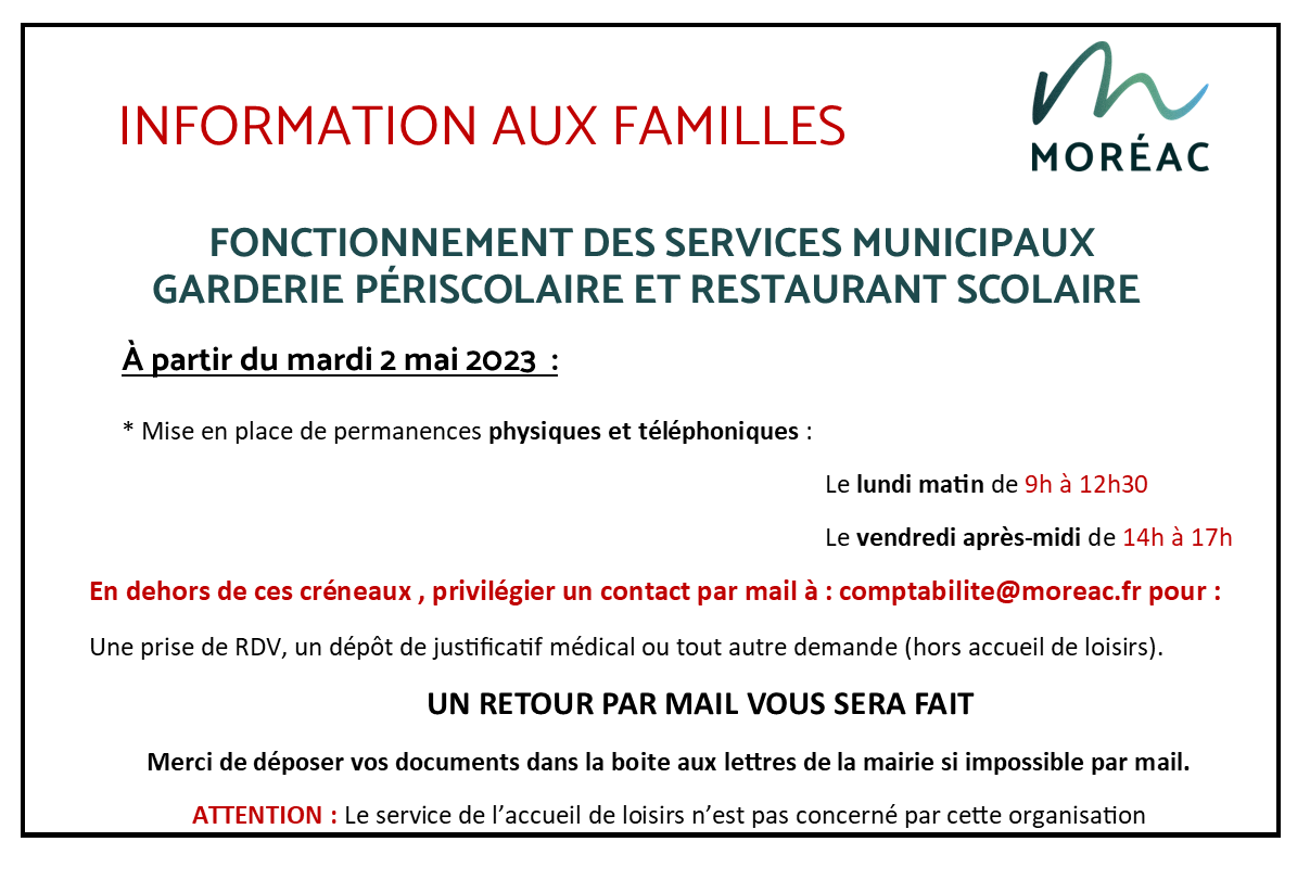 Fonctionnement service garderie et cantine 04.2023